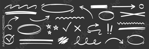 Arrow, highlight marker stroke set. Marker pen line hand drawn brush stroke sketch circle, underline, arrow. Doodle check, cross, highlight scribble round icon on chalkboard. Vector illustration