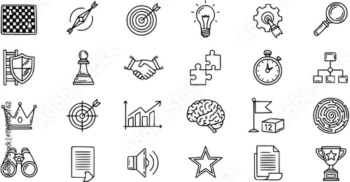 Hand-Drawn Business Strategy Line Art Icons Set. Outline Doodle Symbols for Planning, Goals, Success, Management, and Problem Solving Concepts.