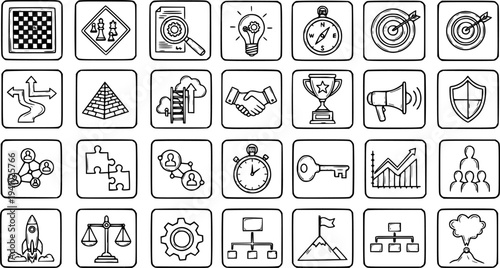 Hand-drawn Business Management and Strategy Icons Set - Black and White Sketch Line Art Symbols for Success, Growth, and Teamwork Concepts