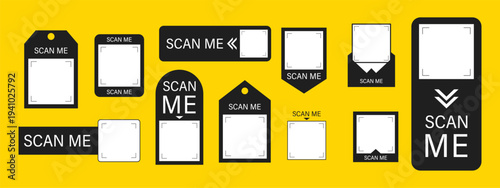 Scan me Frame. Blank sticker template for retail shopping with barcode. QR code payment. Scan by mobile phone. Click button on app screen for online. Vector illustration.