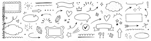 Arrow, line frame, star element set. Hand drawn brush sketch marker stroke arrow, heart, speech bubble frame shapes. Heart, star, circle doodle swirl cute sign symbol decoration. Vector illustration