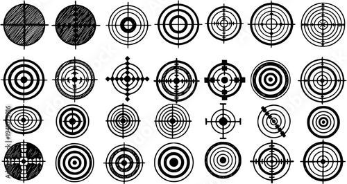 Black  White Line Art Vector Glyphs: Diverse Collection of Target, Crosshair, Bullseye, and Aiming Sight Icons for Business, Sports, and Strategy Concepts.