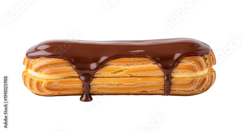 Delicious French eclair pastry with rich dark chocolate icing dripping down, filled with creamy vanilla custard, isolated on a clean white background for bakery menus and dessert promotions.