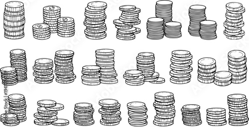 Black and White Line Art Stacks of Coins, Finance and Wealth Concept