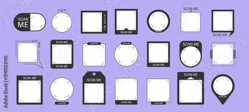 Scan QR code by phone for quick payment now. CTA button in square Frame. Modern mobile app design with business Scanner. Minimalist Vector illustration.