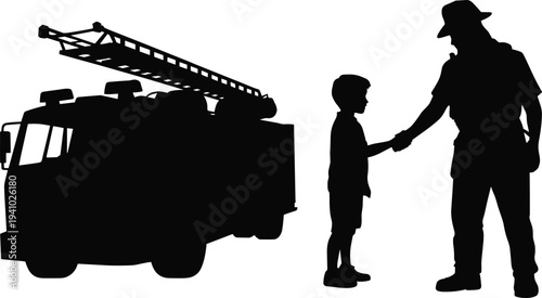 Fire truck silhouette with ladder, firefighter shaking hands with child, emergency rescue vehicle, community trust, safety service illustration, vector design