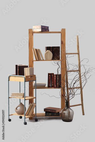 Bookshelf with many books, ...
