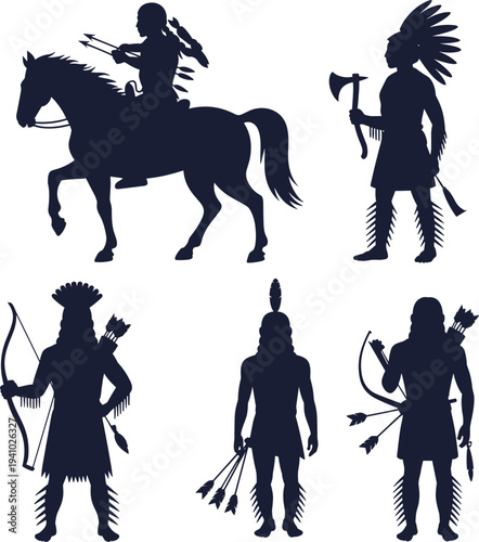 Native American warrior silhouettes, traditional clothing, bow and arrow, tomahawk weapon, feather headdress, horse rider, cultural heritage, tribal illustration, vector art