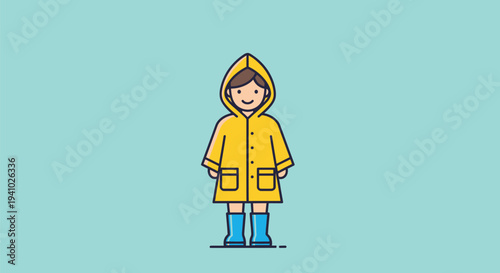 Young Girl Wearing Yellow Raincoat and Boots.