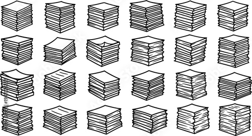 Business Office Document Stacks Glyph Icons. Black and White Line Art Vector Illustrations of Paperwork for Administration and Education.