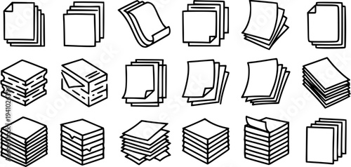 Office Business Education Documentation Industry Paper Stacks and Sheets Black and White Line Art Outline Icons Set for Files and Pages.