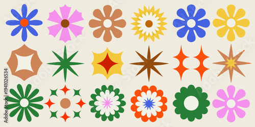 A colorful arrangement of retro style floral and starburst shapes