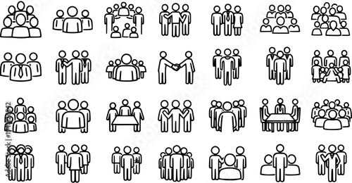 Black  White Line Art People Group Icons Set - Outline Business, Teamwork, Collaboration  Community Figures Collection