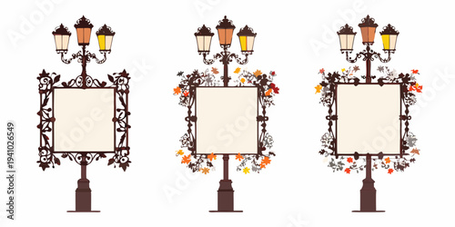 Three ornate street lamps with blank frames and autumnal foliage
