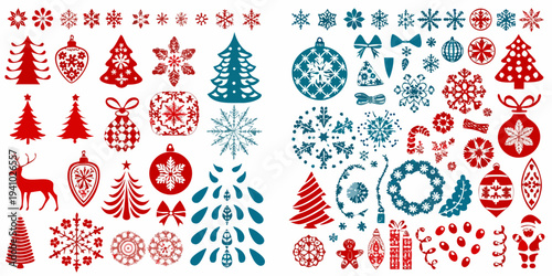 Festive collection of christmas ornaments snowflakes and winter foliage
