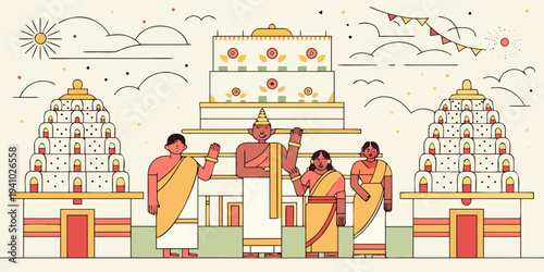 Illustration of a traditional indian festival celebration with people and a tower