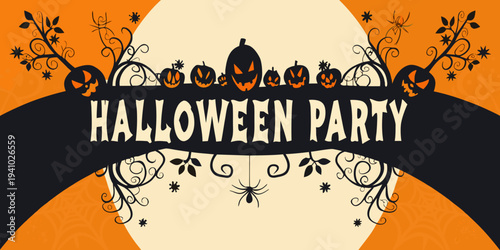 A festive halloween party banner with jack o lanterns and decorative swirls