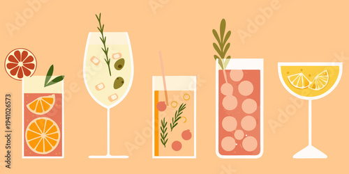 A vibrant collection of illustrated summer cocktails with citrus garnishes