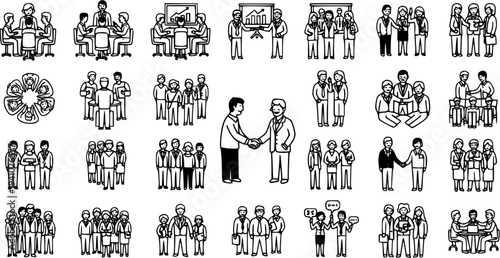 Black  White Line Art Business Team People Icons Set: Corporate Collaboration, Meeting, and Partnership Outline Vector Collection