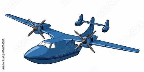 Cartoon illustration of a blue seaplane with twin engines and propellers