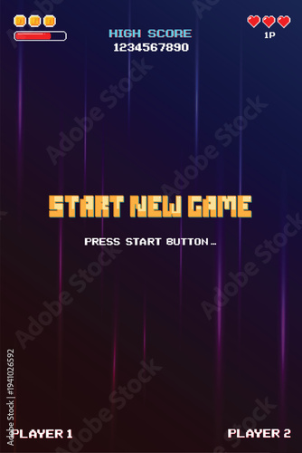 START NEW GAME. Retro Futurism Sci-Fi Background. glowing neon grid and star from vintage arcade computer games