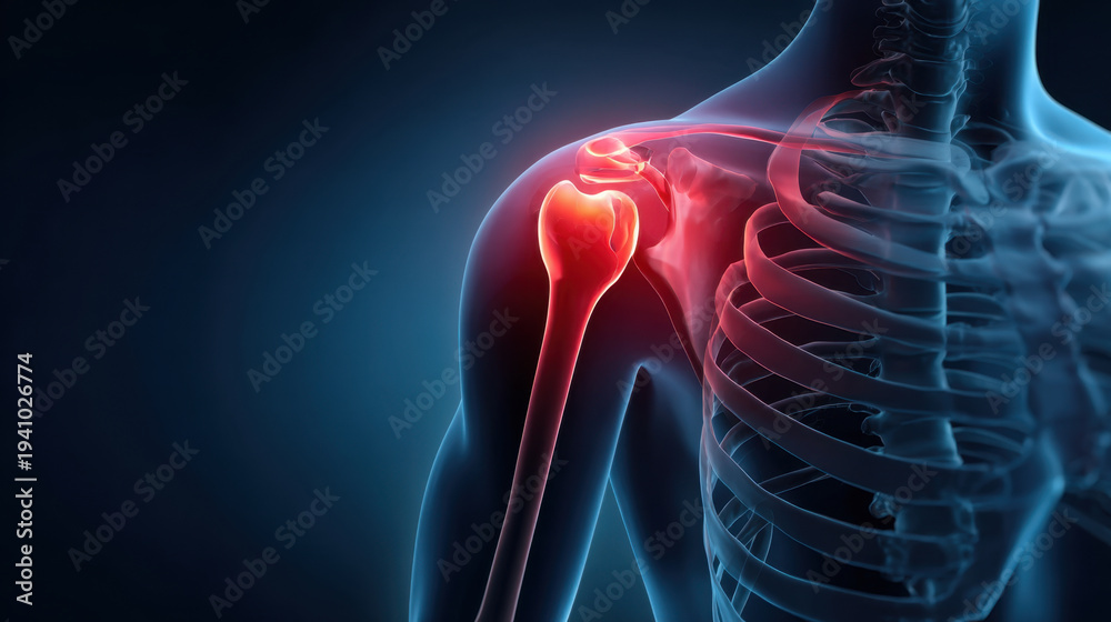 custom made wallpaper toronto digitalInflamed left shoulder joint with highlighted pain area in anatomical x‑ray style illustration showing humerus, scapula, clavicle and ribcage with medical focus and discomfort