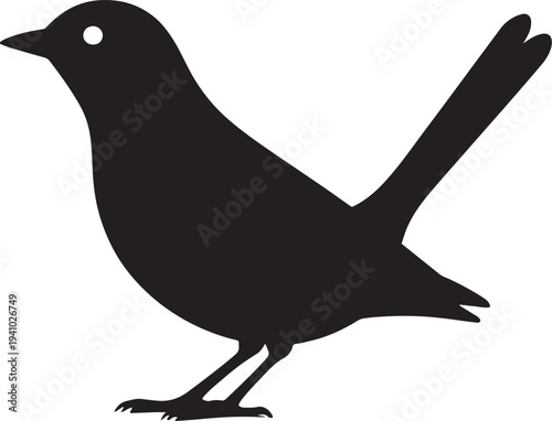 Black silhouette of a small bird House Finch with a pointed beak and tail white background isolated