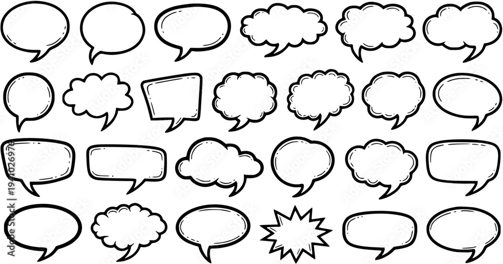 Fototapeta premium Set of Hand-drawn Black and White Speech Bubbles, Thought Bubbles, and Cloud Shapes