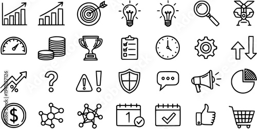 Hand-drawn Business Management Line Art Icons Set. Doodle Style Symbols for Finance, Marketing, Strategy, and Technology Concepts in Black  White.