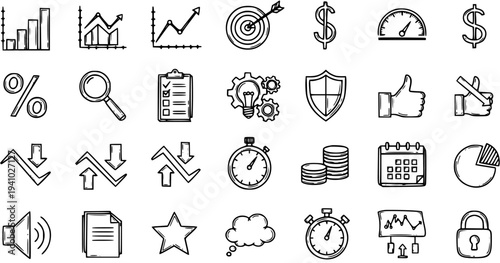 Hand Drawn Business Finance Analytics Icons Set. Sketchy Outline Doodle Collection of Data Management, Marketing, and Financial Symbols Elements.