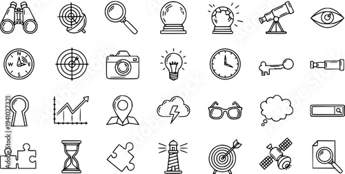 Business, Technology  Education Search and Discovery Icons. Hand Drawn Black  White Line Art Outline Symbols for Research, Analysis, Strategy, and Solutions.