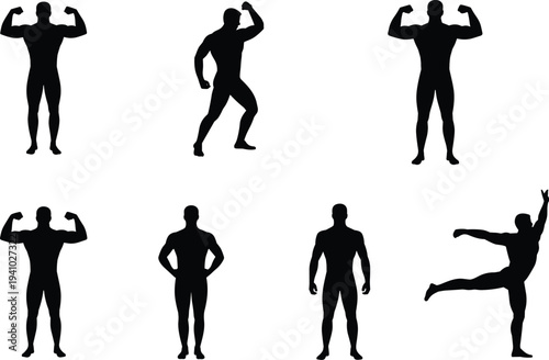 Strong male bodybuilder silhouette set, gym fitness athlete posing, muscle training, and bodybuilding workout exercise vector elements