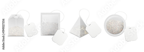 3d realistic vector illustration. Collection of tea bag mockup in square shape, pyramid shape, round shape with tea inside. 