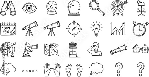 Hand Drawn Line Art Icons: Vision, Search, Analysis, and Prediction - Business Strategy and Future Planning Concepts