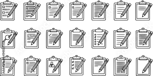 Black and White Line Art Icons of Clipboards with Pencils, Representing Documents and Writing Tasks