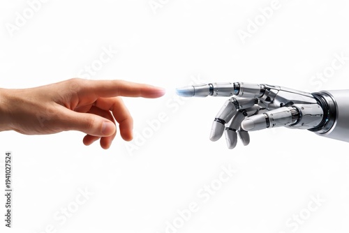 Human and robotic hands nearly touch fingertips in futuristic scene