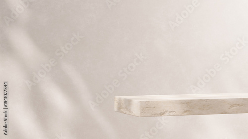 3D render studio setup showing an empty marble display platform with soft lighting and clean background. Minimal cosmetic product mockup scene designed for skincare branding, ecommerce banners 