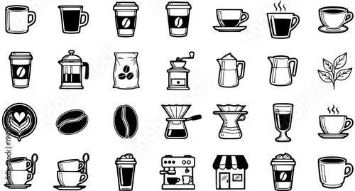 Coffee Shop and Cafe Elements Glyph Icons Set. Black and White Vector Collection of Coffee Mugs, Beans, Machines, and Brewing Equipment for Menu Design.