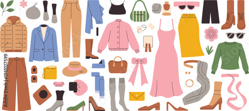 Women fashion clothing collection flat lay illustration, stylish outfits and accessories set, modern wardrobe elements vector design