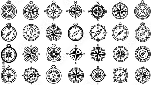 Black and White Line Art Compass Icons - Navigation and Travel Symbols