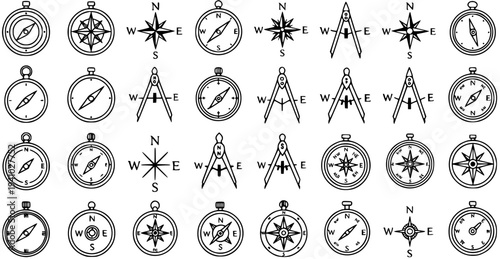 Navigation, Travel, and Measurement Line Art Vector Icons Set. Collection of Compasses, Compass Roses, and Dividers for Exploration, Geography, and Science Projects.