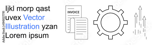 Finance, business growth, workflow optimization, process management, invoicing, technical analysis. Invoice document, gear and upward arrows. Finance and business growth concepts