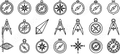 Black and white line art icons of compasses and navigation tools for travel and adventure