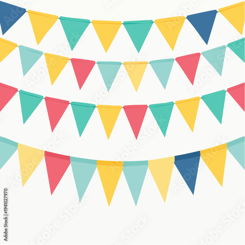 Colorful triangular flags on strings hanging in a festive arrangement, illustration