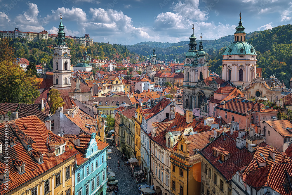 Obraz premium Panoramic view of historic European city with red tiled roofs, old churches, and cobblestone streets under partly cloudy sky, surrounded by green hills and vibrant architecture