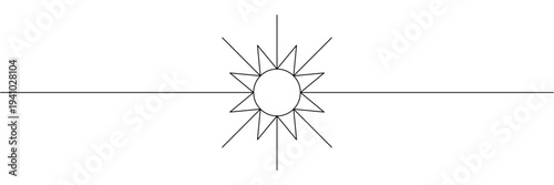 Minimalist sun line art icon with geometric rays on a horizontal divider line graphic. Editable stroke outline. Draw thin linear width. Single contour art. Doodle hand drawn vector illustration
