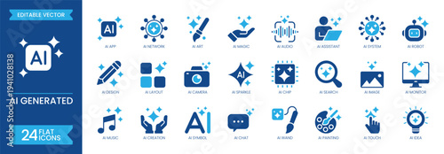 AI generated flat icon set. Containing artificial intelligence, generative AI, prompt, creativity, AI star sparkle, machine learning, automation, robot and more. Solid vector icons collection
