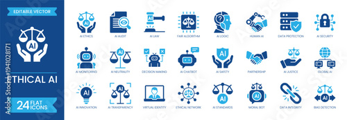Ethical artificial intelligence flat icon set. Containing AI safety, data privacy, AI transparency, guidelines, ethical dilemma, bias detection, fairness and more. Solid vector icons collection