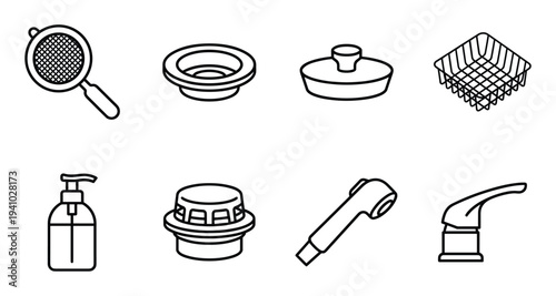 Assorted bathroom accessories with strainer soap dish dispenser and other sink element tools