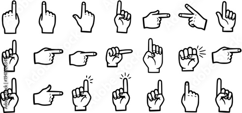 Black and White Line Art Hand Gestures Icons: Pointing, Number One, Success